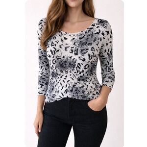 Pierre New York Womens Large Black White Abstract Animal Print Beaded Knit Top